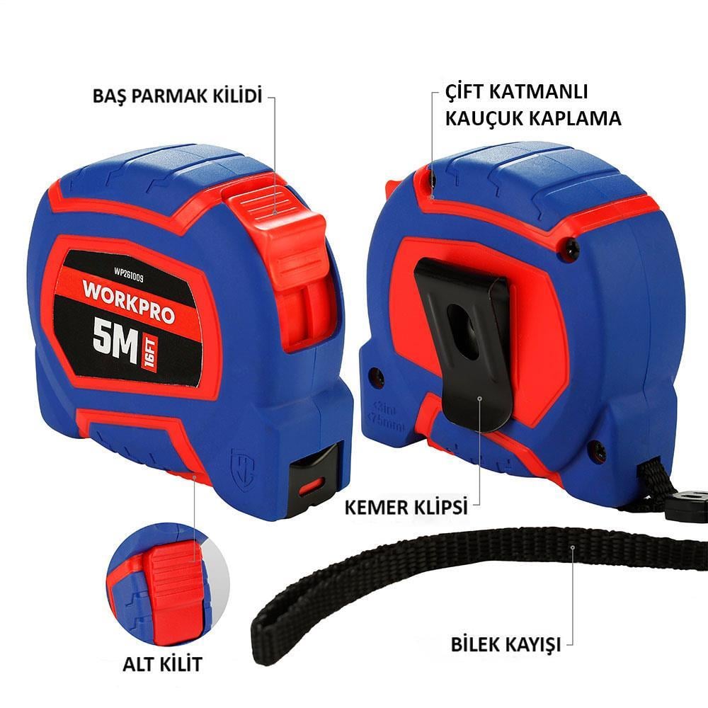 WorkproWORKPRO WP261009 5Mx19mm/16Ft. Naylon Kaplama Sarı Çelik Şerit MetreWP261009