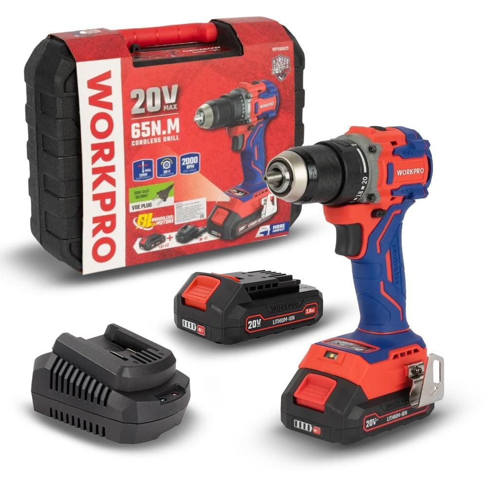 WorkproWORKPRO WP390022 20Volt 2.0Ah Li-ion 65Nm. Çift Akülü Kömürsüz Profesyonel Şarjlı MatkapWP390022