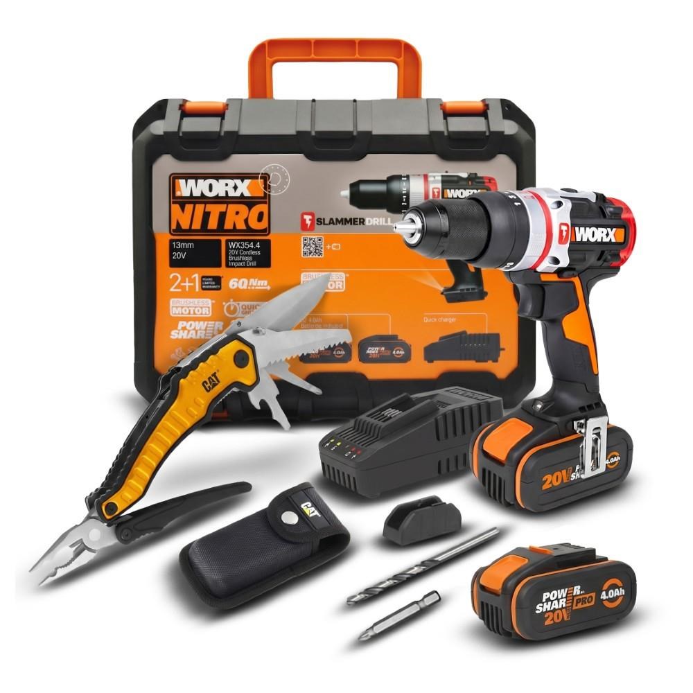 WorxWORX WX354.4CK 20Volt/4.0Ah Li-ion Çift Akülü Kömürsüz Profesyonel Şarjlı Darbeli Matkap + DA980045 9 Çok Fonksiyonlu 27CM Çelik Kamp ÇakısıWX354.4CK