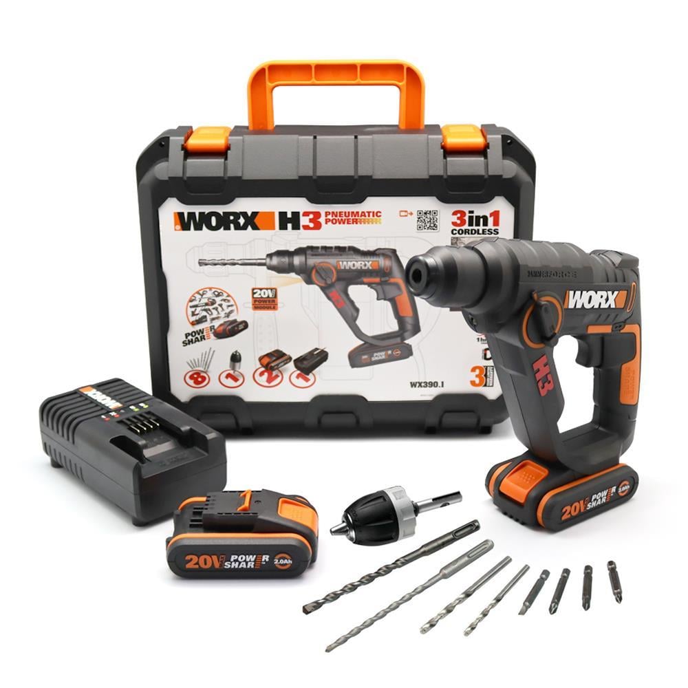WorxWORX WX390.1 20Volt 2.0Ah. Li-ion 1.2J Profesyonel SDS-Plus Pnömatik Çift Akülü Şarjlı Matkap + 8 Adet Uç + MandrenWX390.1