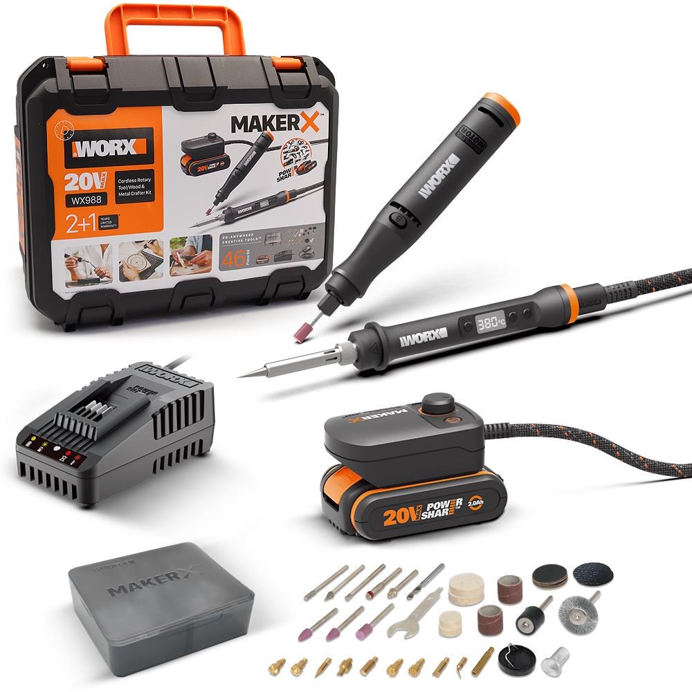 WorxWORX WX988 MAKERX 20Volt 2.0Ah. Kömürsüz Profesyonel Kalem Tipi Devir Ayarlı Gravür Seti + Kalem Tipi Dijital Lehim ve Ahşap Yakma Seti + 46 Parça AksesuarWX988