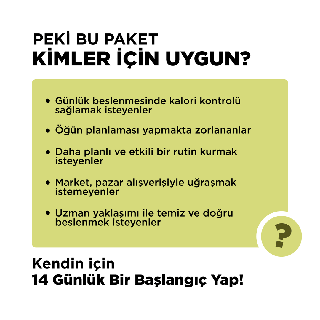 2 Haftalık Planlı Öğün Paketi (2 Ana + 1 Ara Öğün İçerir)2 Haftalık Planlı Öğün Paketi | 14 Günlük Hazır Planlı Hafiflik PaketiRenovafood