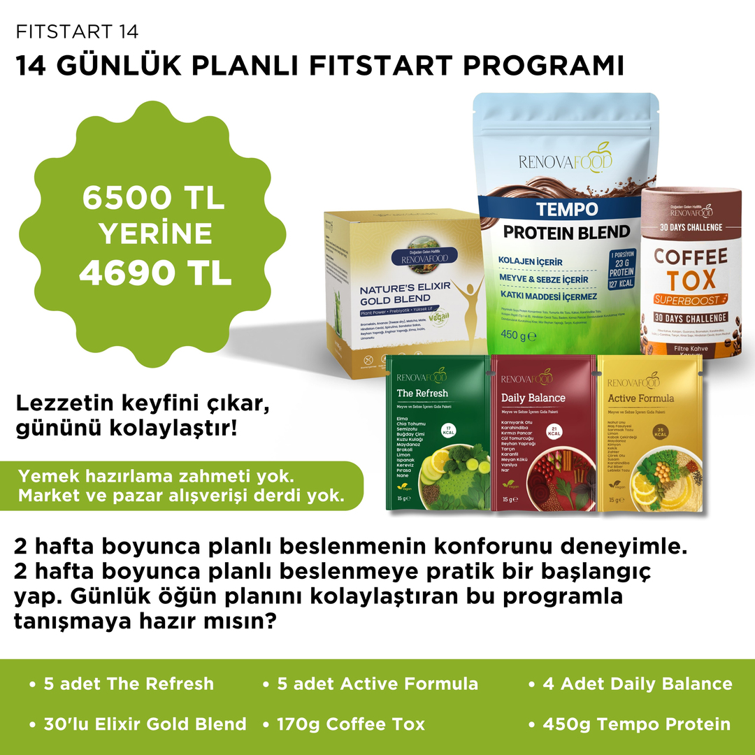 2 Haftalık Planlı Öğün Paketi (2 Ana + 1 Ara Öğün İçerir)2 Haftalık Planlı Öğün Paketi | 14 Günlük Hazır Planlı Hafiflik PaketiRenovafood