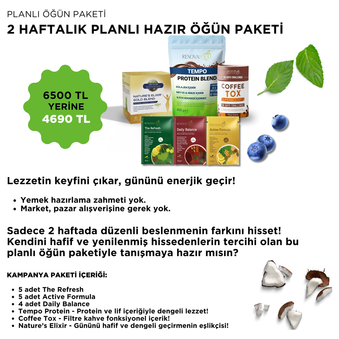 2 Haftalık Planlı Öğün Paketi2 Haftalık Planlı Öğün Paketi | 14 Günlük Hazır Beslenme ve Düzen Kurma ProgramıRenovafood