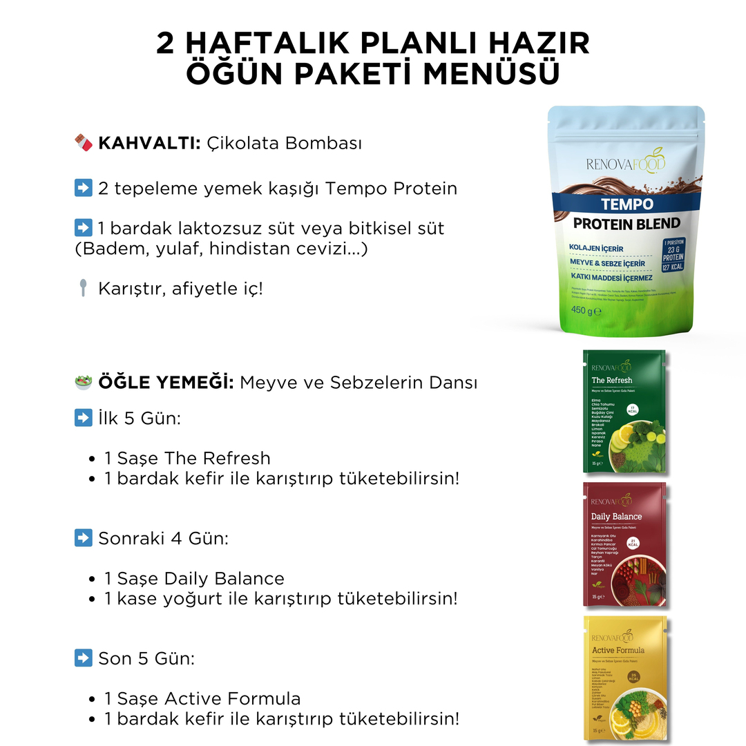 2 Haftalık Planlı Öğün Paketi2 Haftalık Planlı Öğün Paketi | 14 Günlük Hazır Beslenme ve Düzen Kurma ProgramıRenovafood