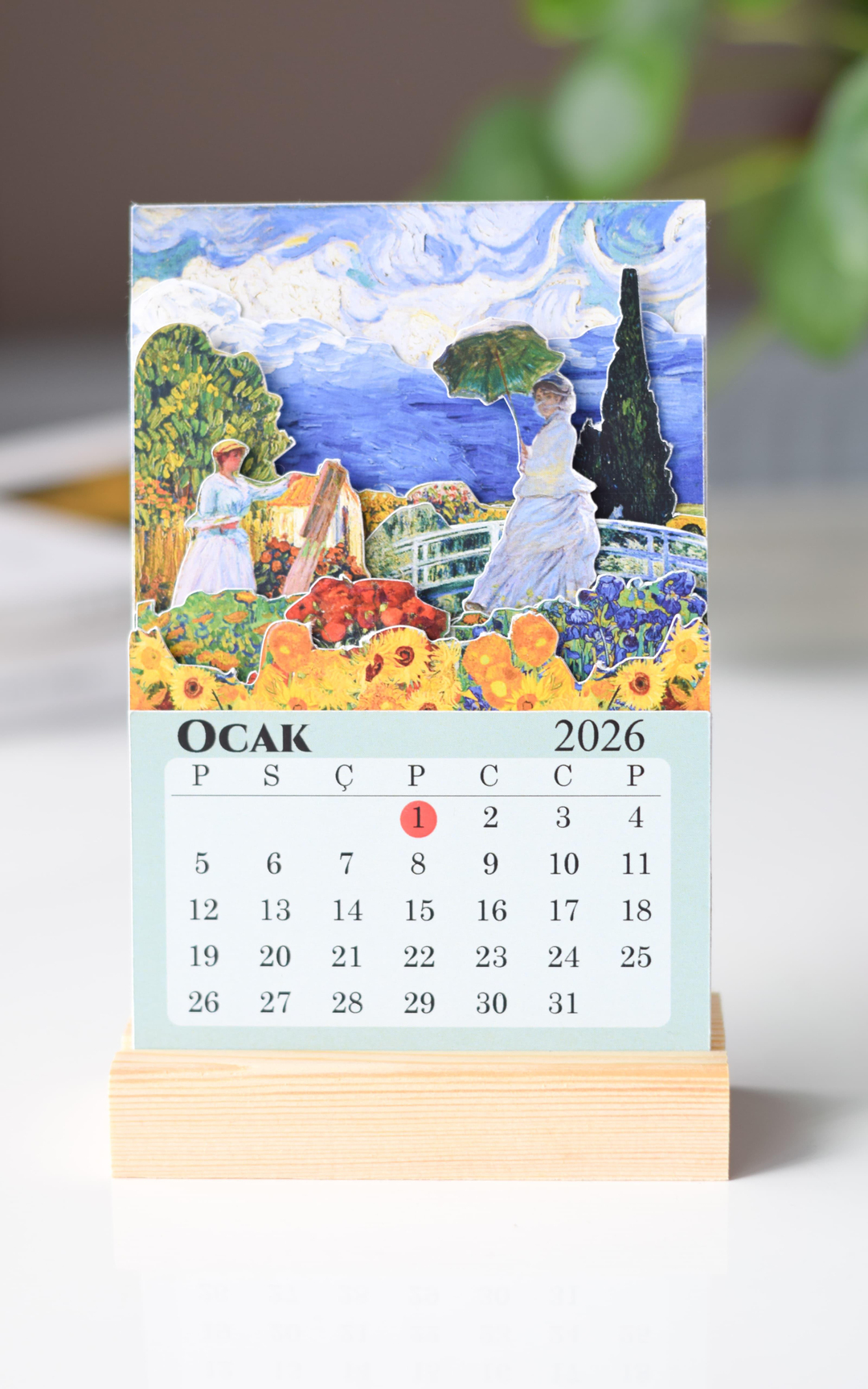 Ahşap Standlı Monet / Van Gogh Sanat Temalı Takvim (Ahşap Stand 10 cm / Takvim Boyutu 10*15 cm dir) 