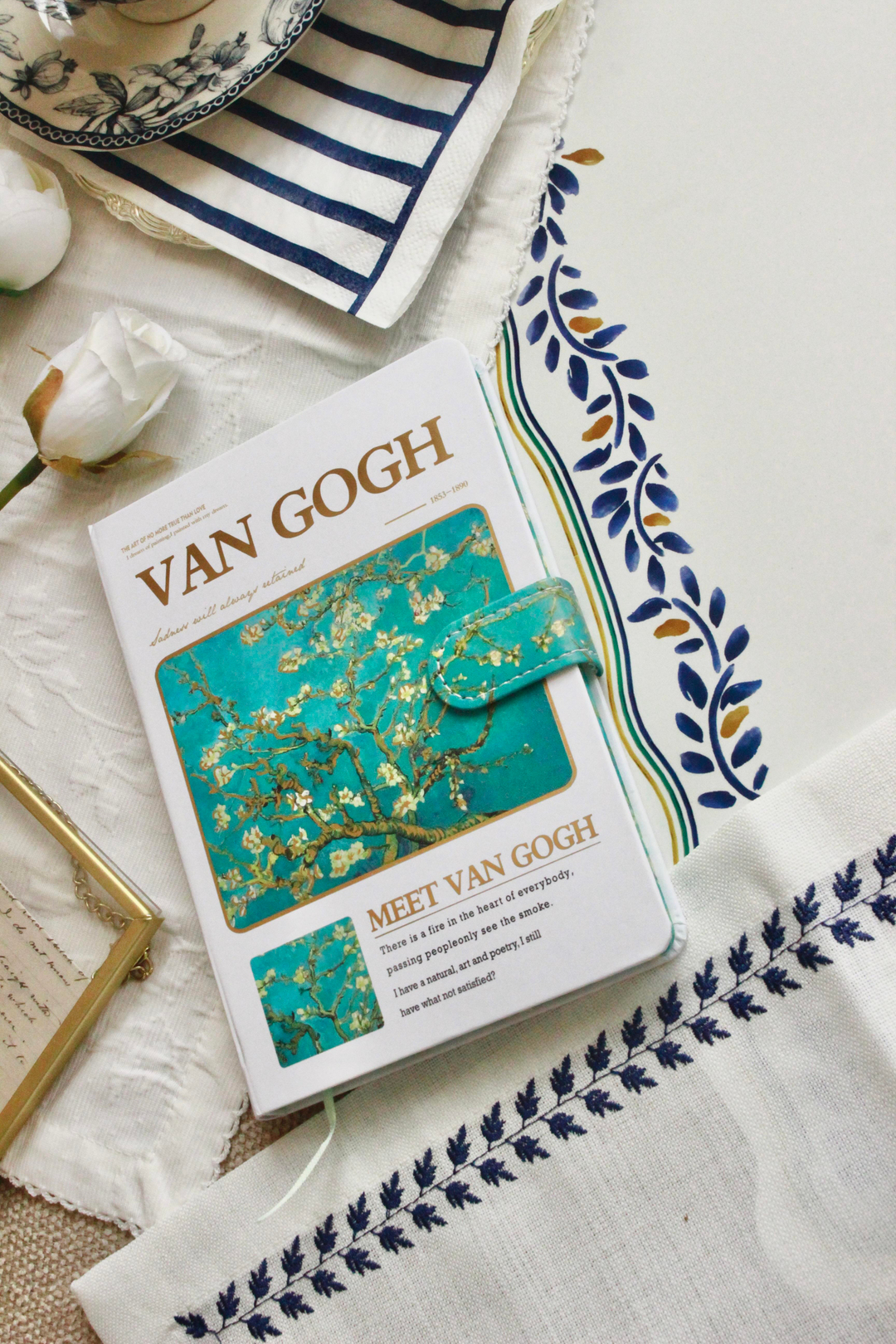 Nova Crafs Van Gogh Badem Ağacı Çizgili Beyaz Kapak Mıknatıslı Defter