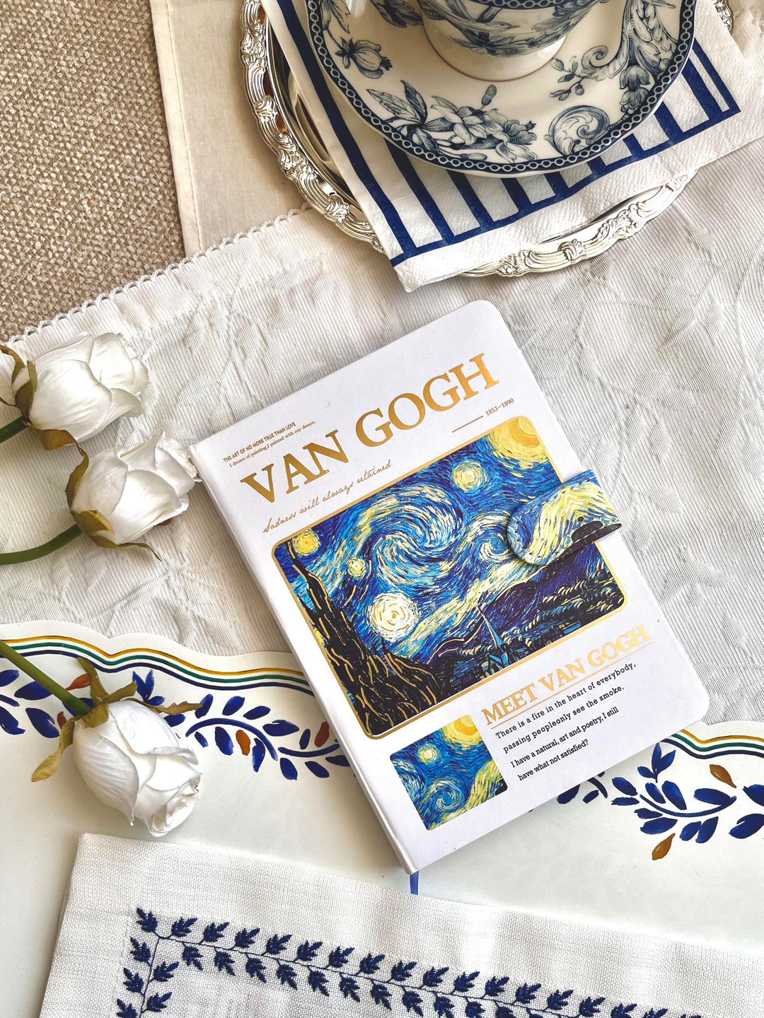 Nova Crafs Van Gogh Yıldızlı Gece Çizgili Beyaz Kapak Mıknatıslı Defter