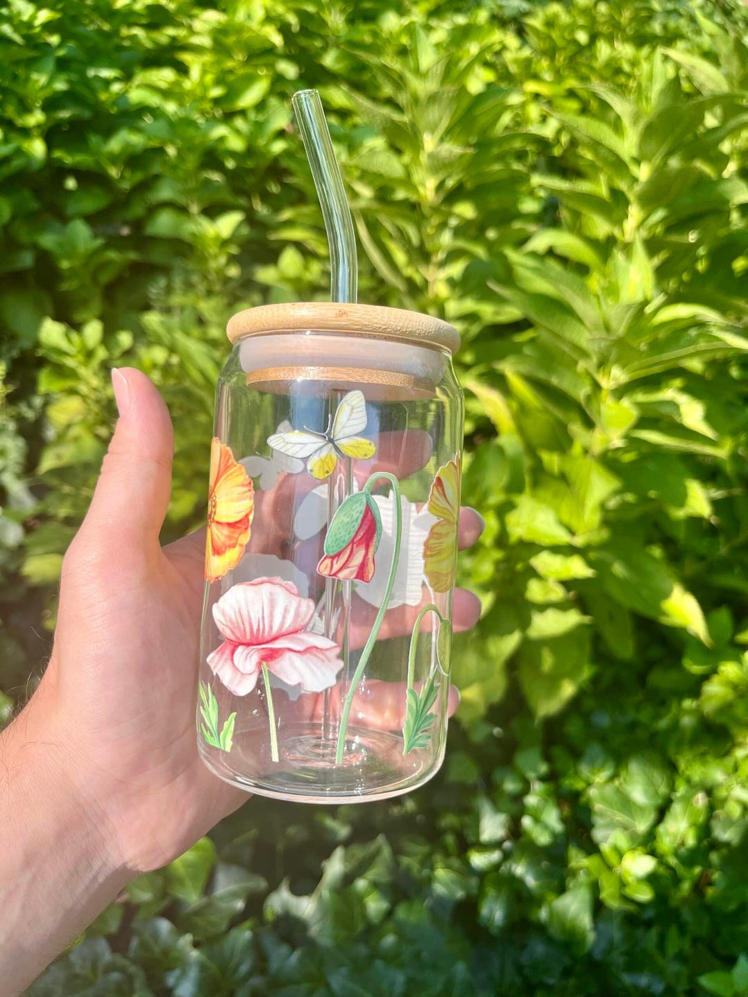 Nova Crafts Çiçek Tasarımlı Cam Pipetli Bambu Kapaklı Isıya Dayanıklı Bardak - 330 ml Kapasite ile Şık ve Fonksiyonel Tasarım