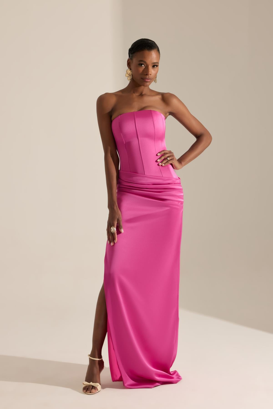 Daisy Neon Pembe Straplez Gece Elbisesi