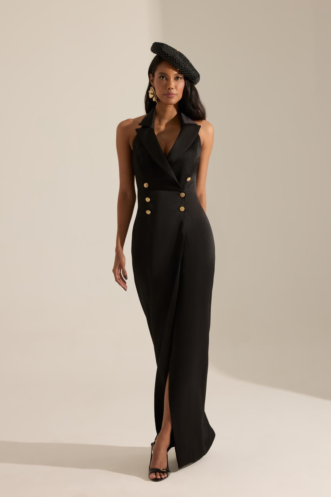 Milano Siyah Kruvaze Yaka Saten Elbise