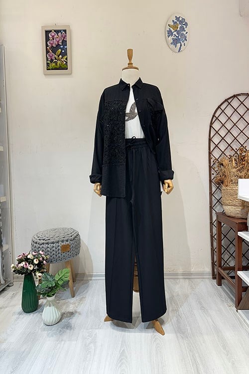 ÇIMALI KREP PANTOLON Siyah