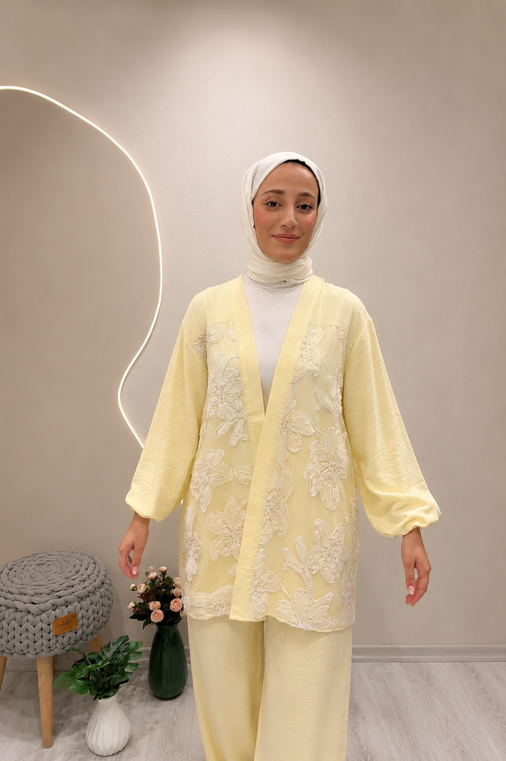 SİMLİ TÜL KİMONO Sarı