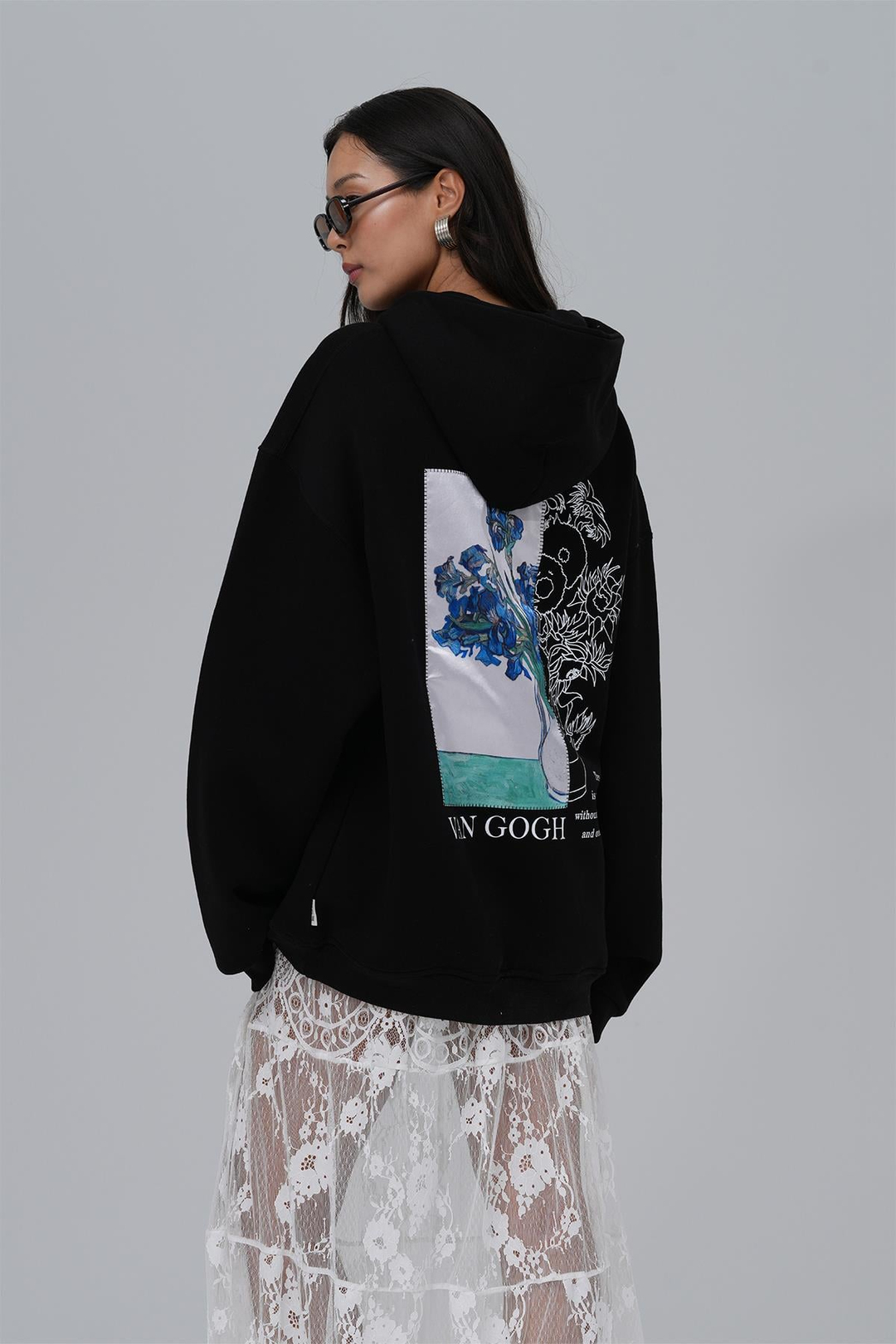 Van Gogh Irises Oversize Sweatshirt Kadın Siyah