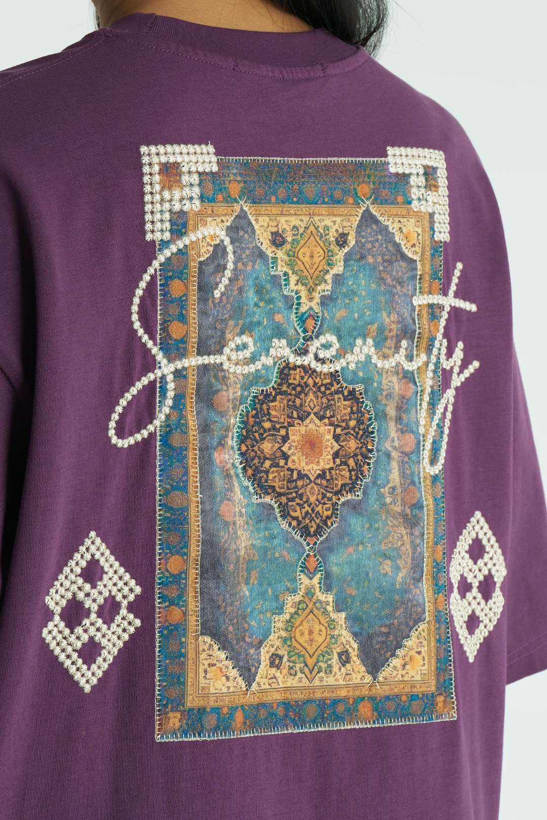 Medallion Oversize Kadın Tişört Mor