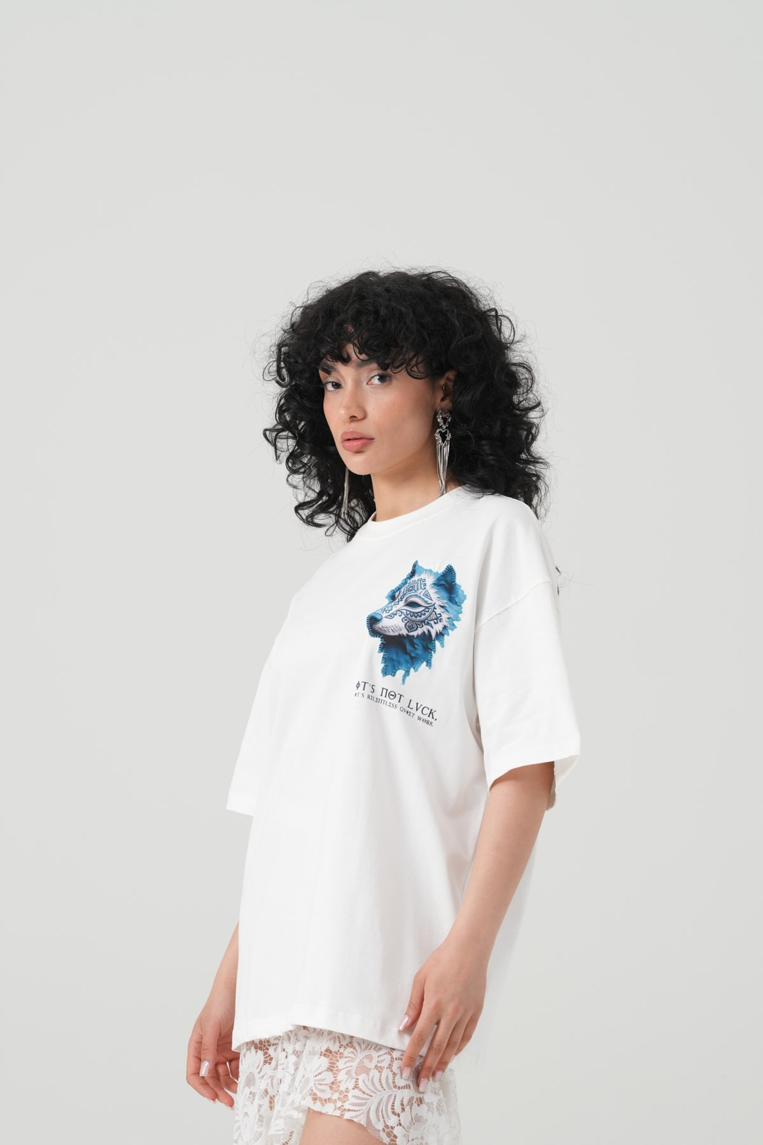 Relentless Wolf Oversize Kadın Tişört Ekru