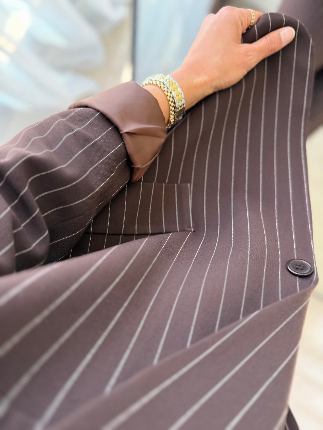 Çizgili Blazer Takım Acıkahve