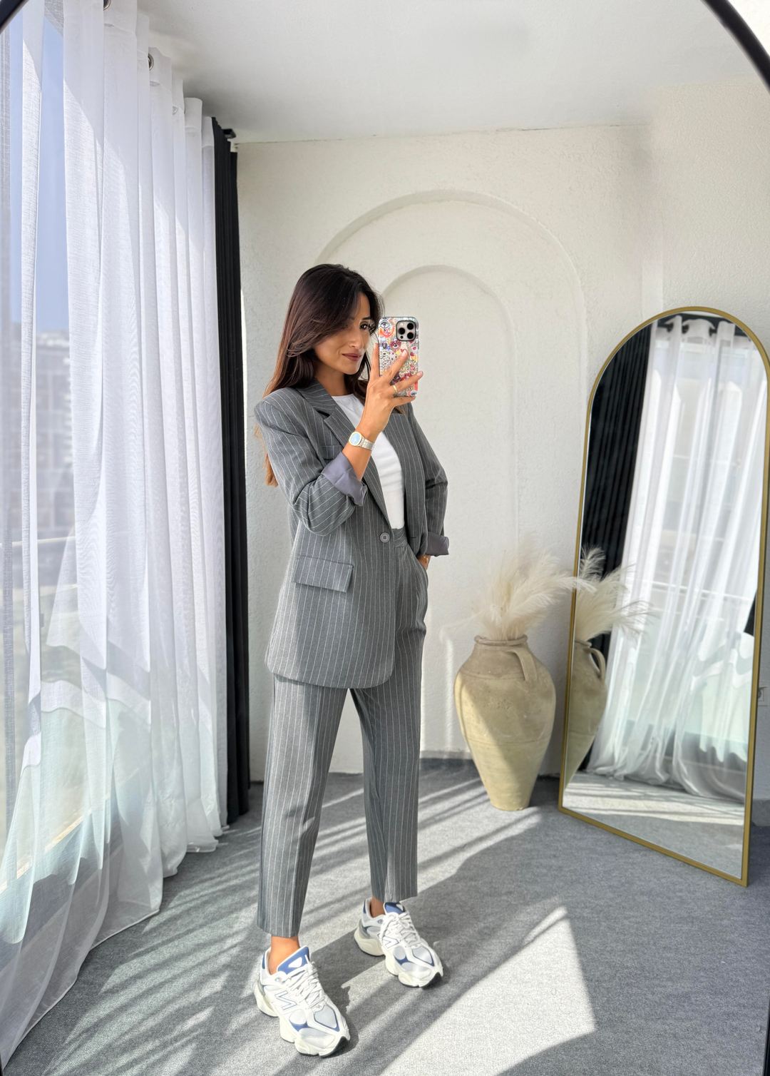 Çizgili Blazer Takım Antrasit