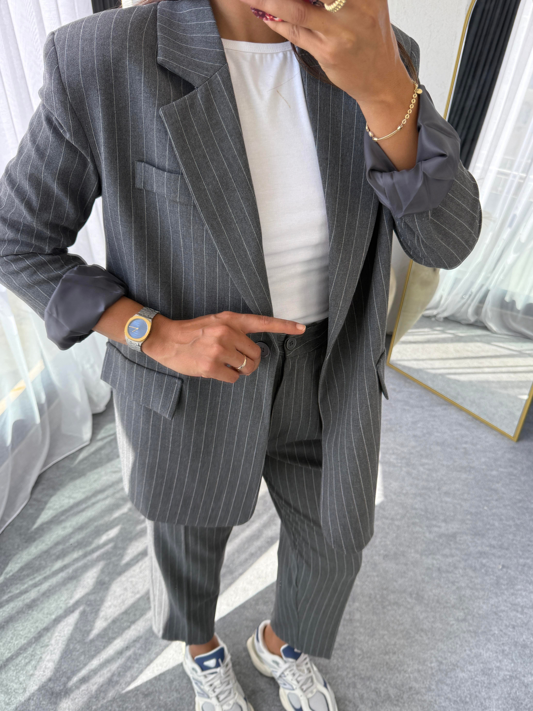Çizgili Blazer Takım Antrasit