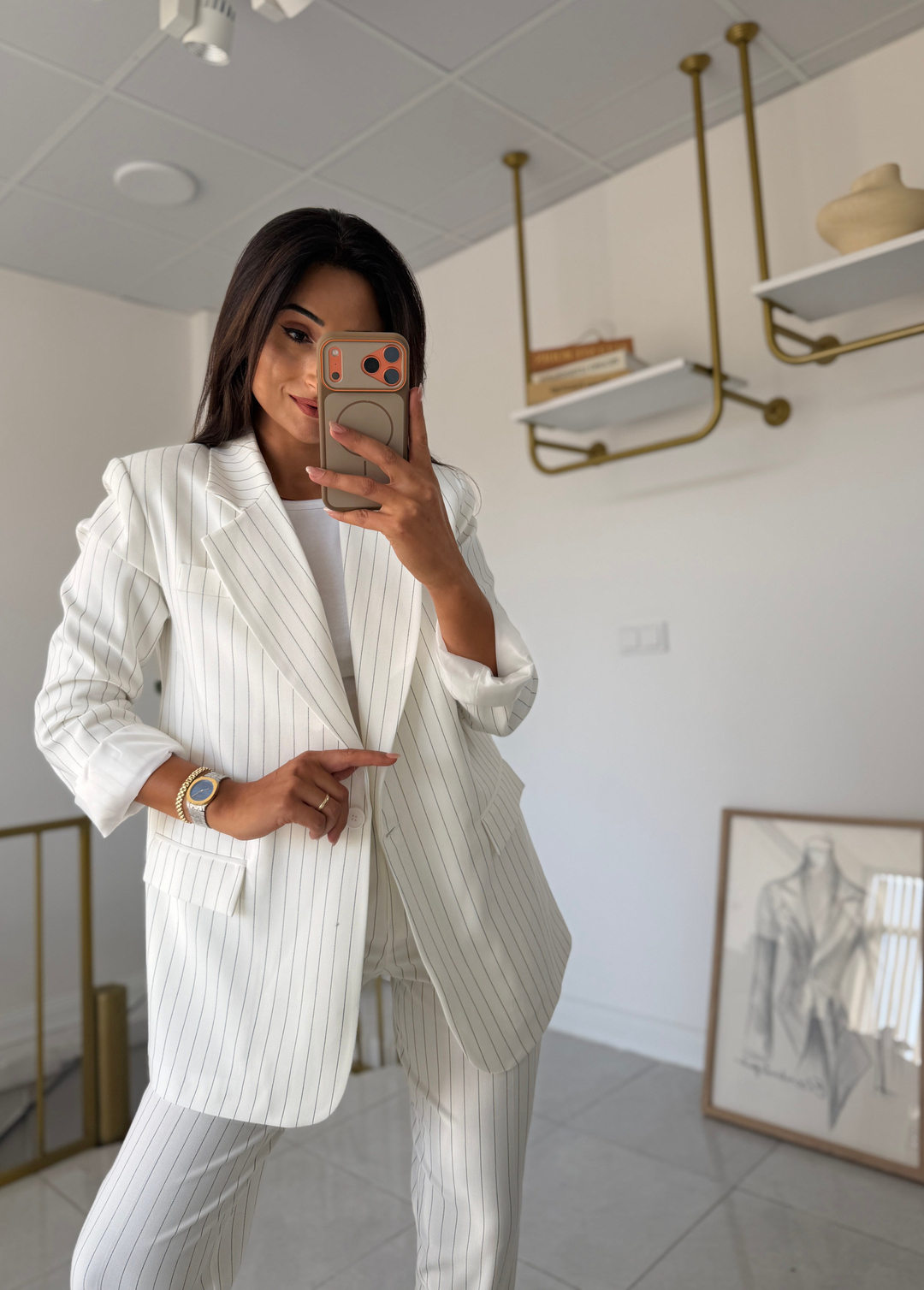 Çizgili Blazer Takım Krem
