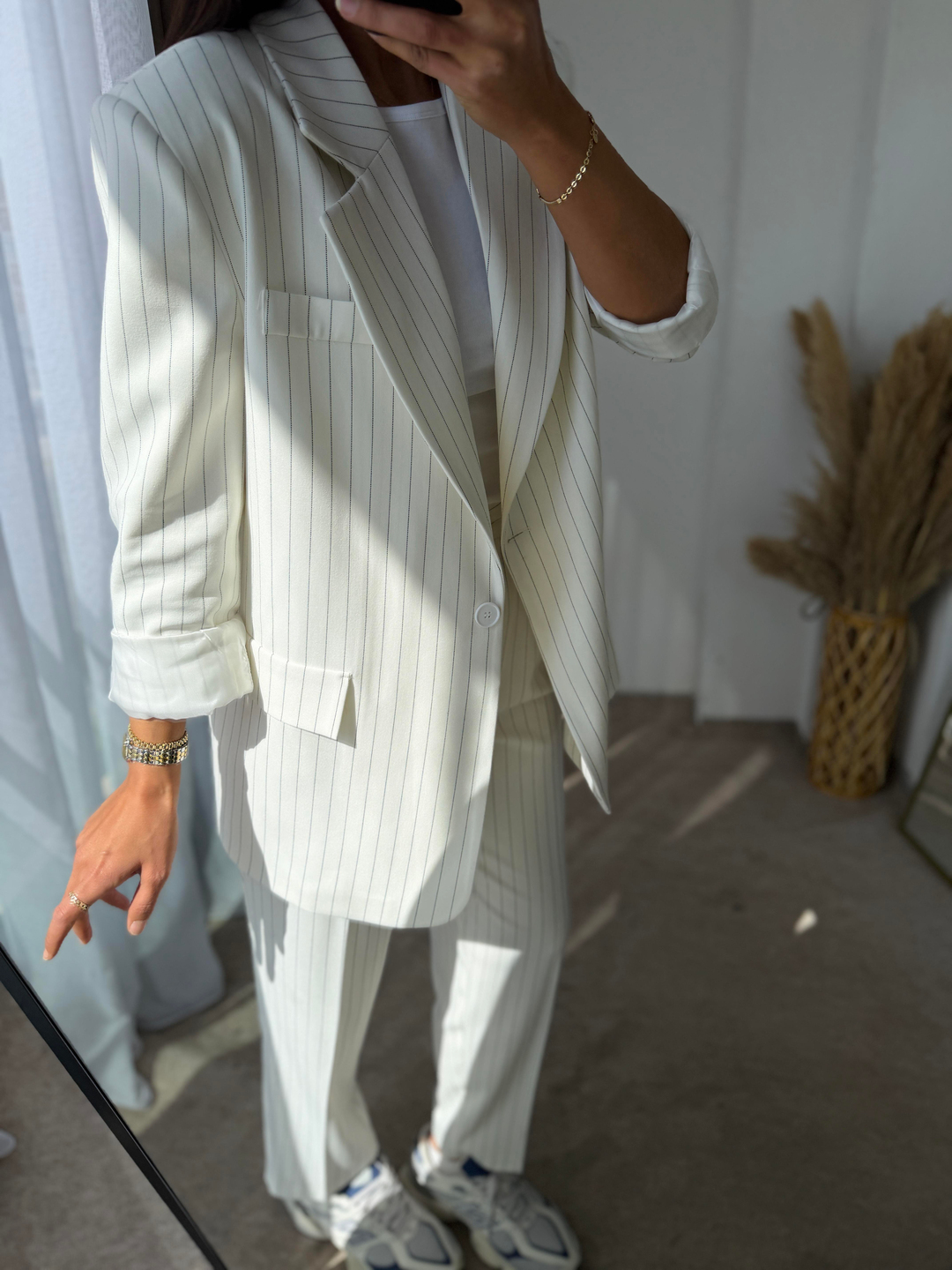 Çizgili Blazer Takım Krem
