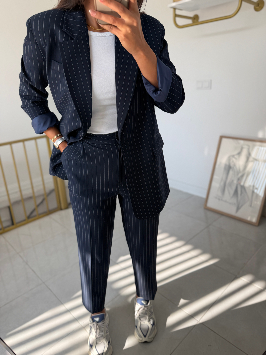 Çizgili Blazer Takım Lacivert 