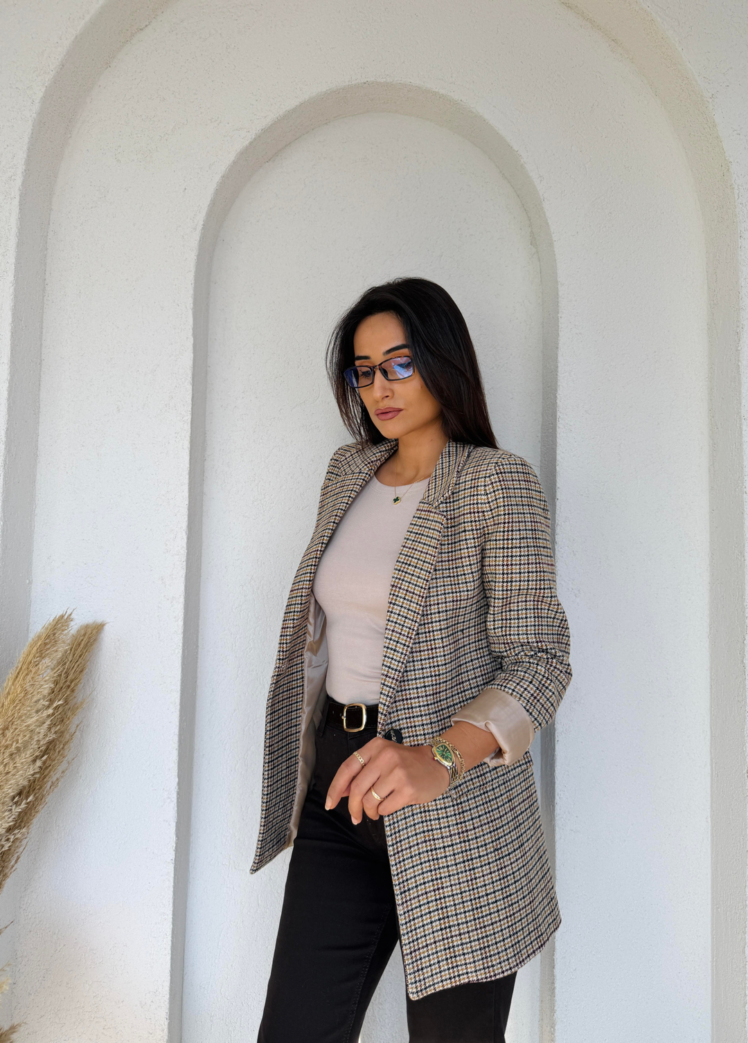 Ekoseli Kaşe Blazer Bej