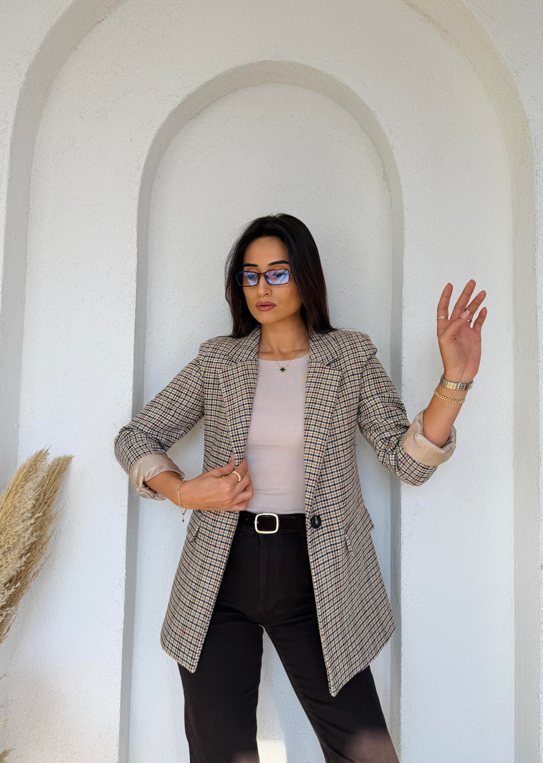 Ekoseli Kaşe Blazer Bej