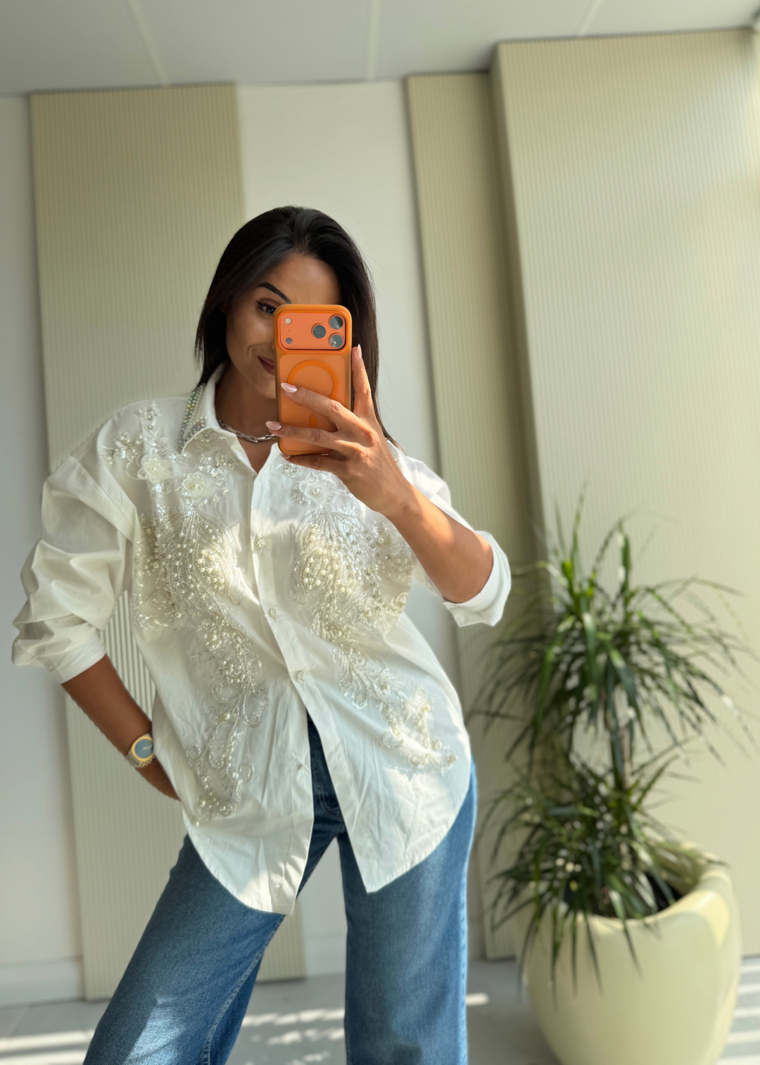 İnci ve Taş İşlemeli Oversize Gömlek