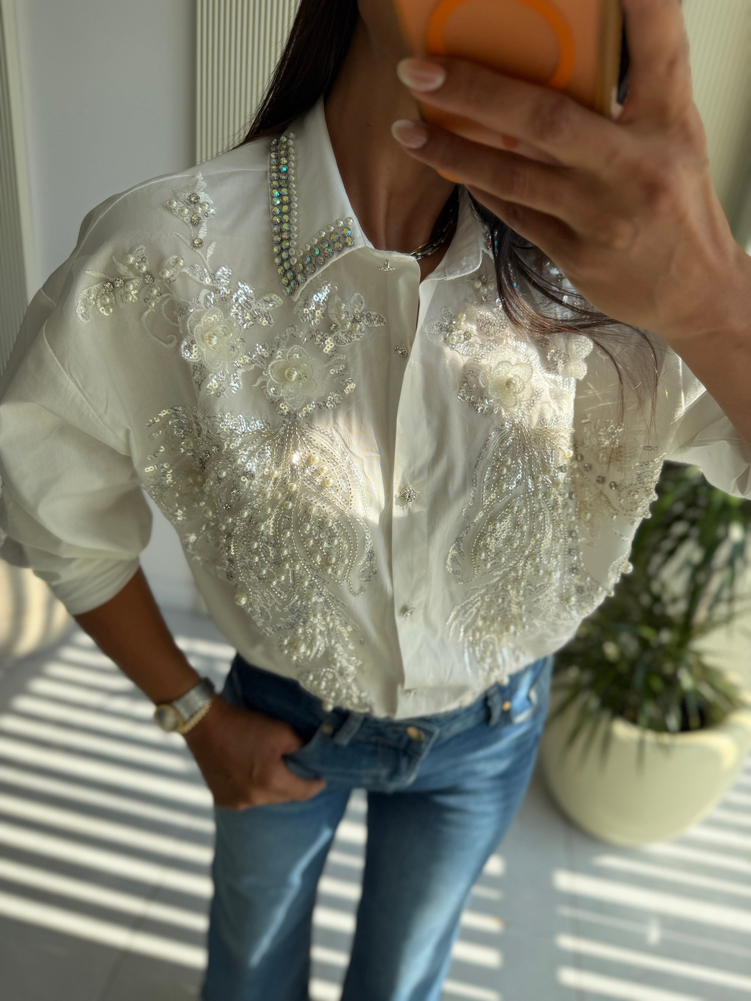 İnci ve Taş İşlemeli Oversize Gömlek