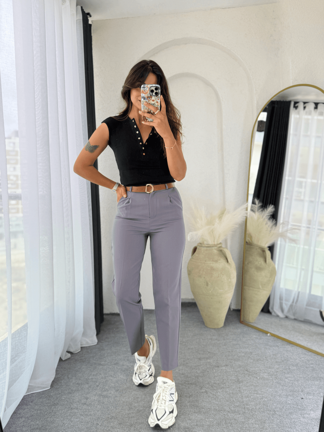 Kemerli Kumaş Pantolon Füme