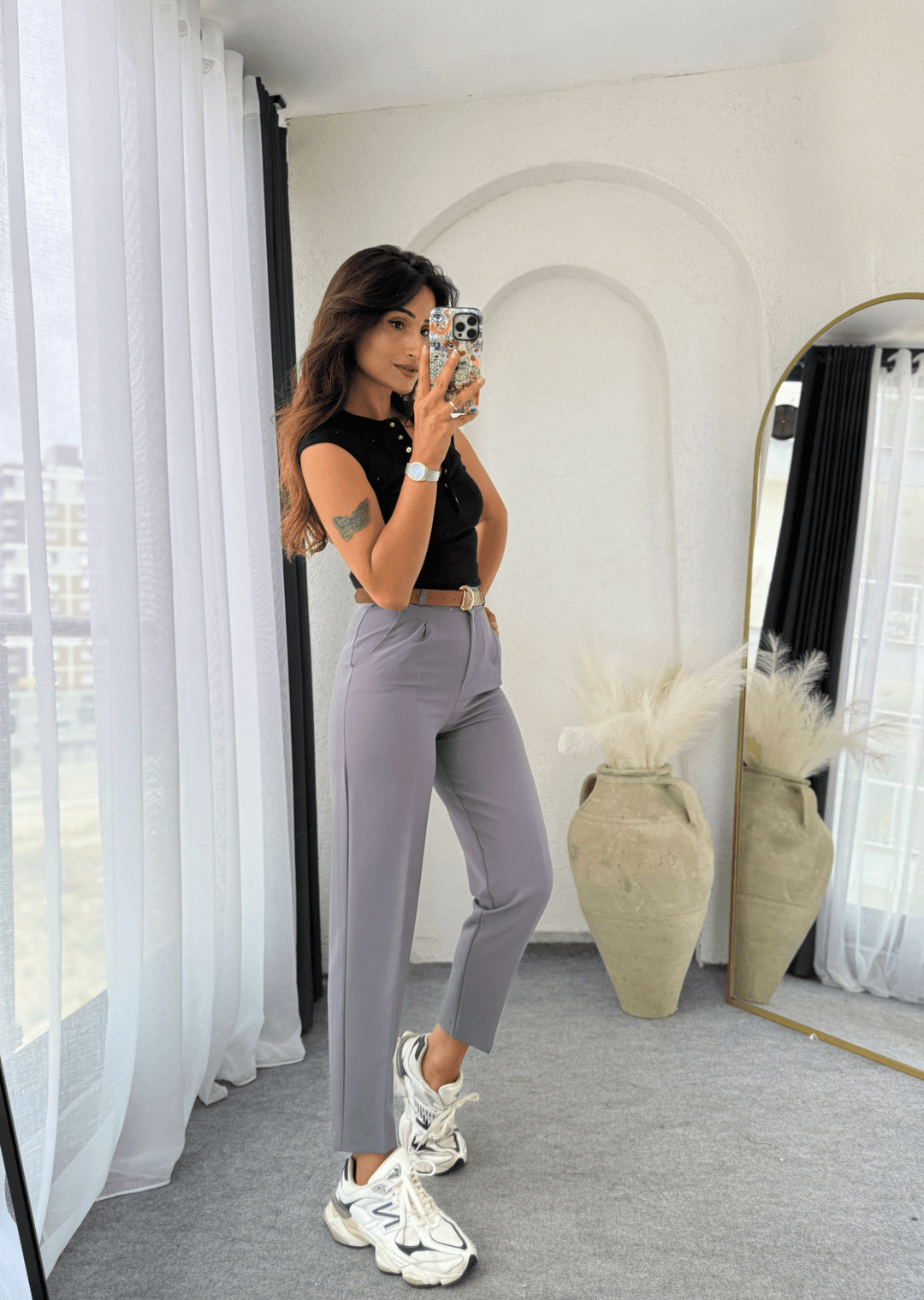 Kemerli Kumaş Pantolon Füme
