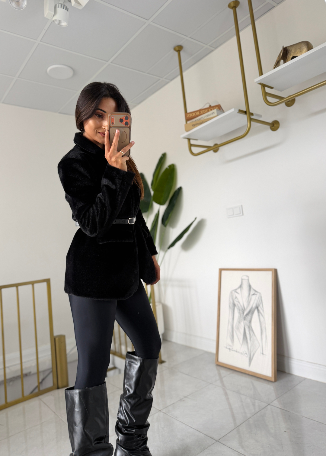 Kemerli Kürk Blazer Siyah