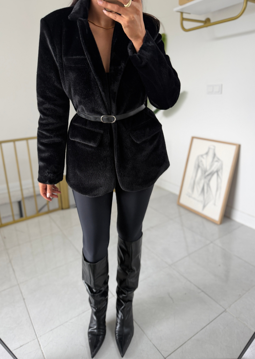 Kemerli Kürk Blazer Siyah