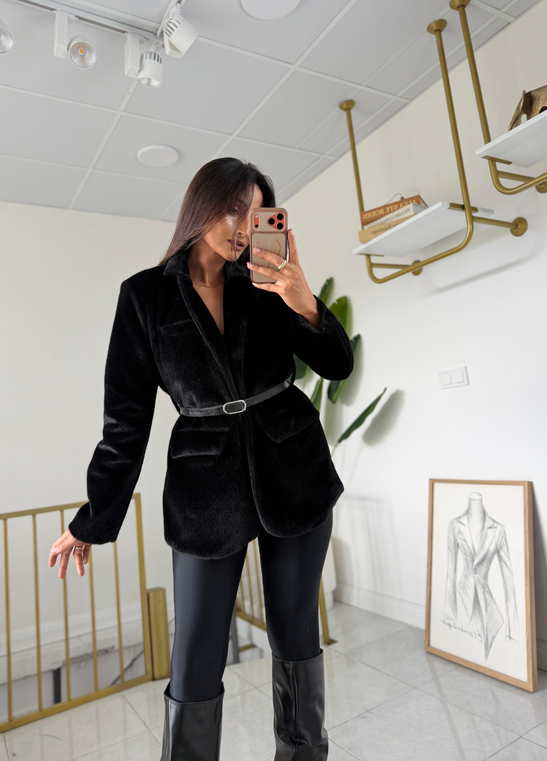 Kemerli Kürk Blazer Siyah