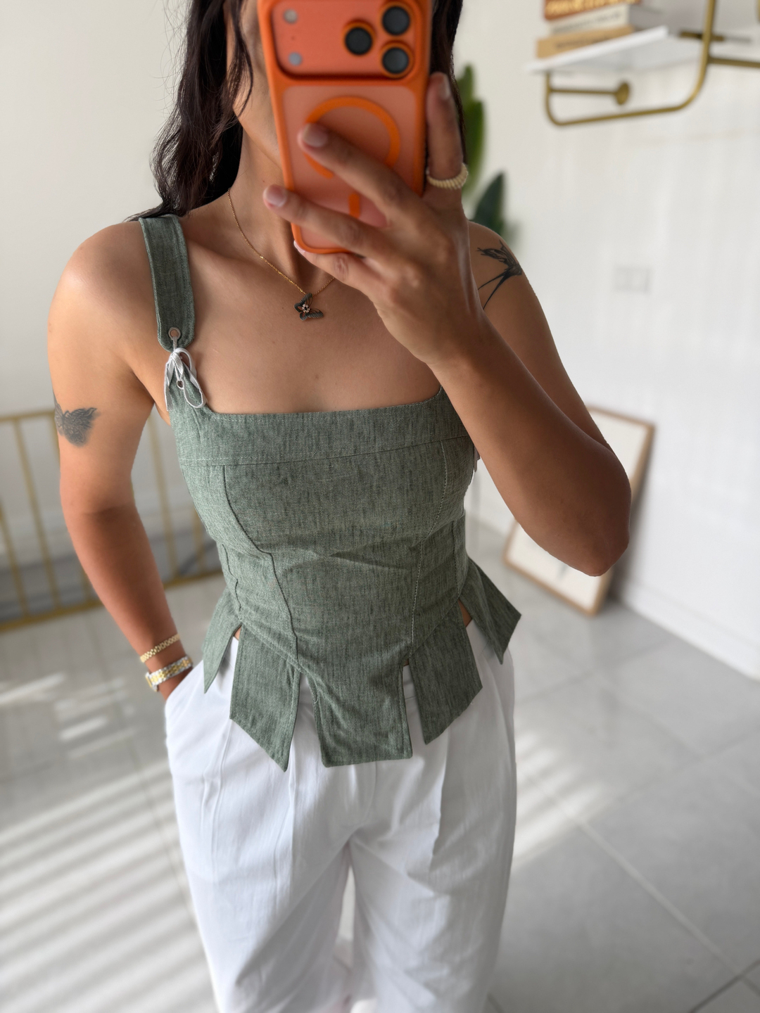 Keten Korse Bluz Yeşil