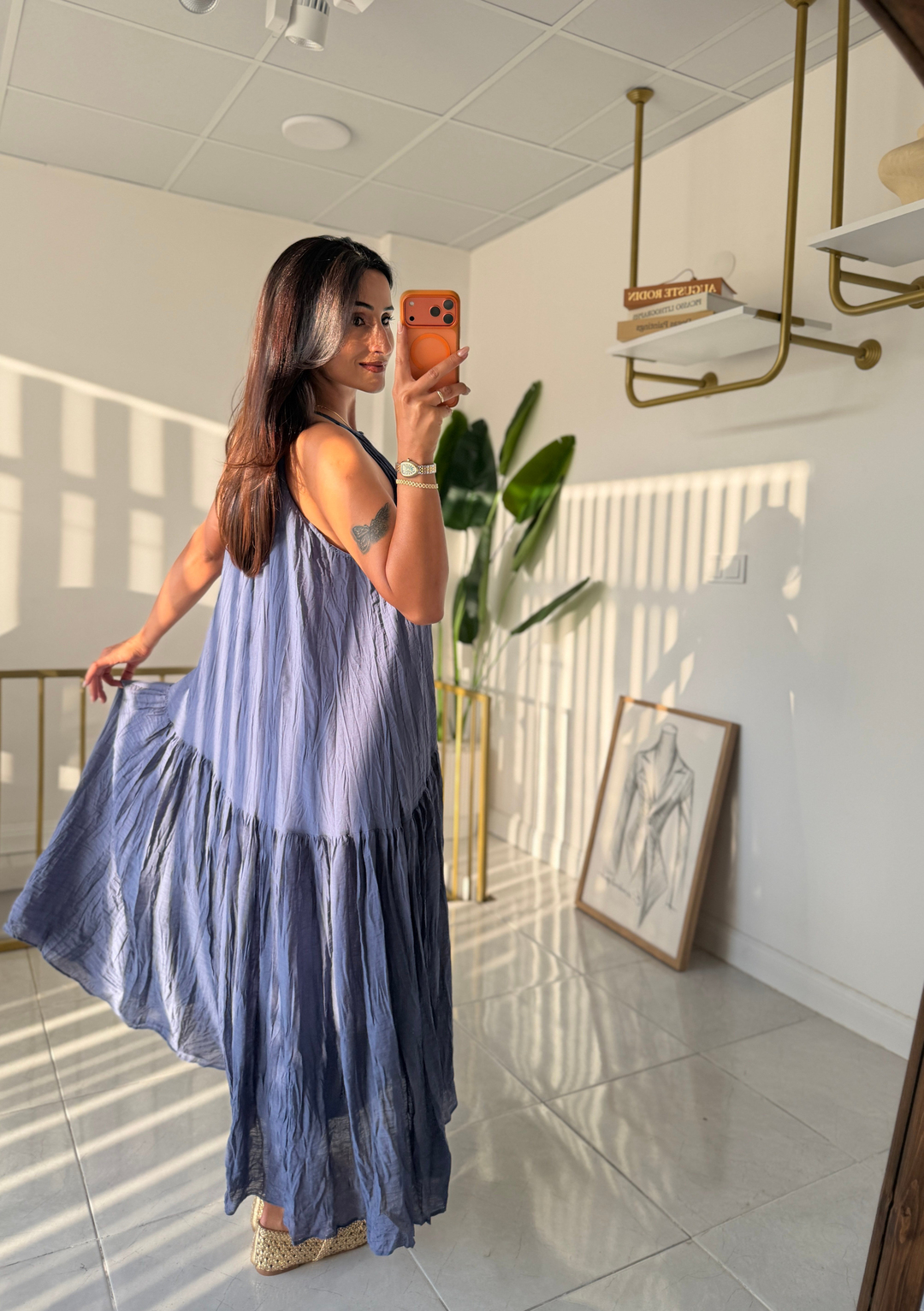 Kırışık Model Dökümlü Elbise İndigo