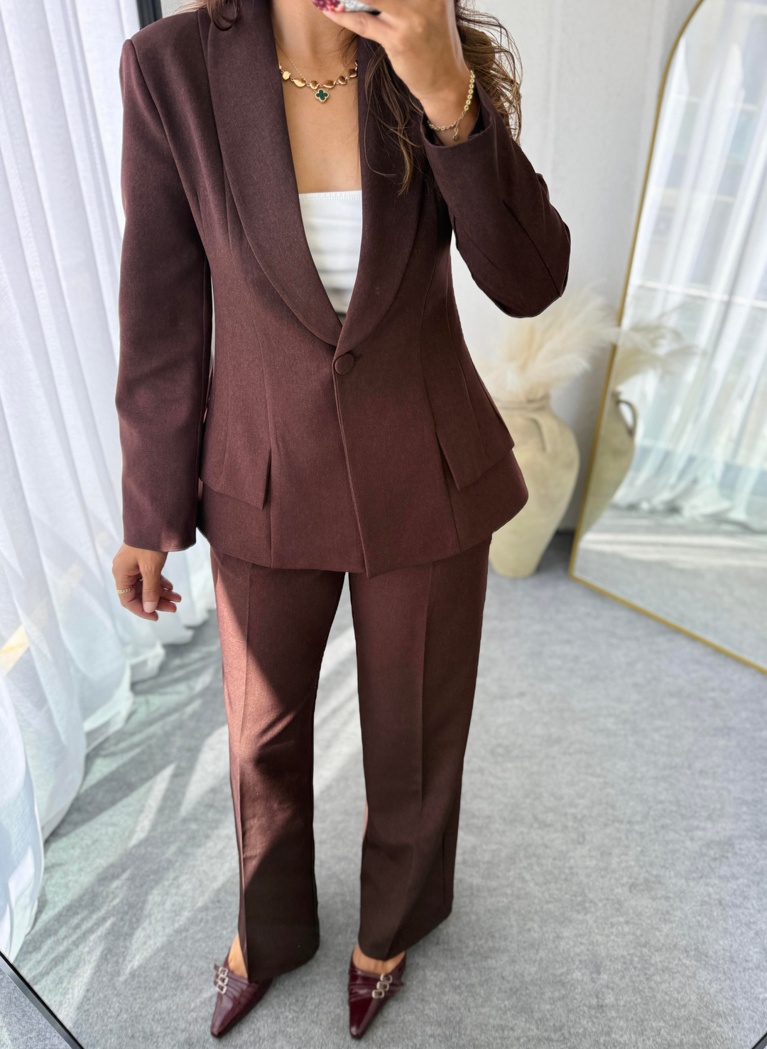 Premium Belden Oturtmalı Blazer Takım Kahverengi 