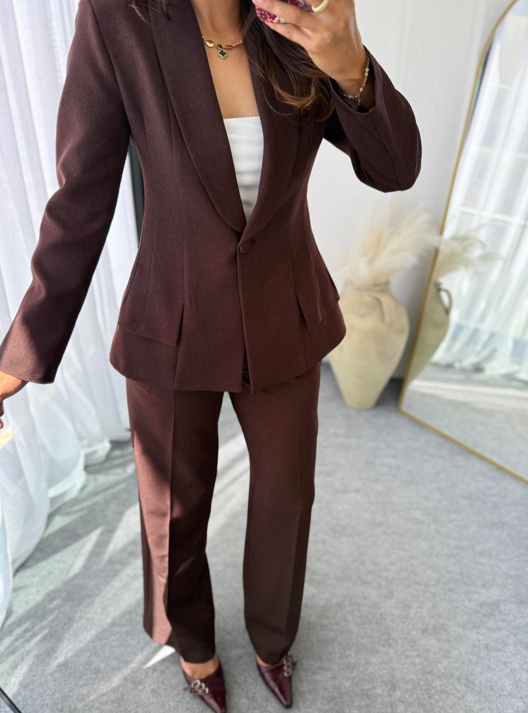 Premium Belden Oturtmalı Blazer Takım Kahverengi 