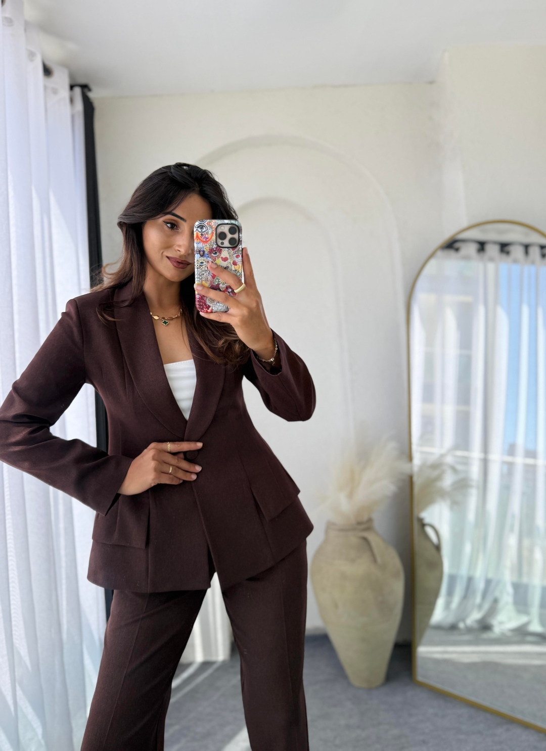 Premium Belden Oturtmalı Blazer Takım Kahverengi 
