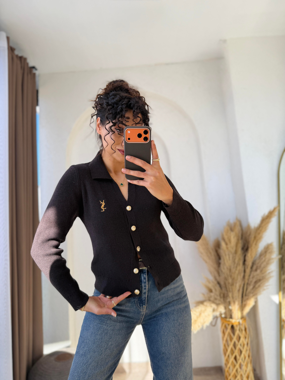 Ysl Gold Düğmeli Dokuma Triko Hırka Acıkahve