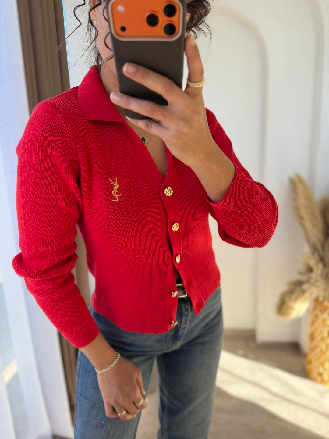 Ysl Gold Düğmeli Dokuma Triko Hırka Kırmızı