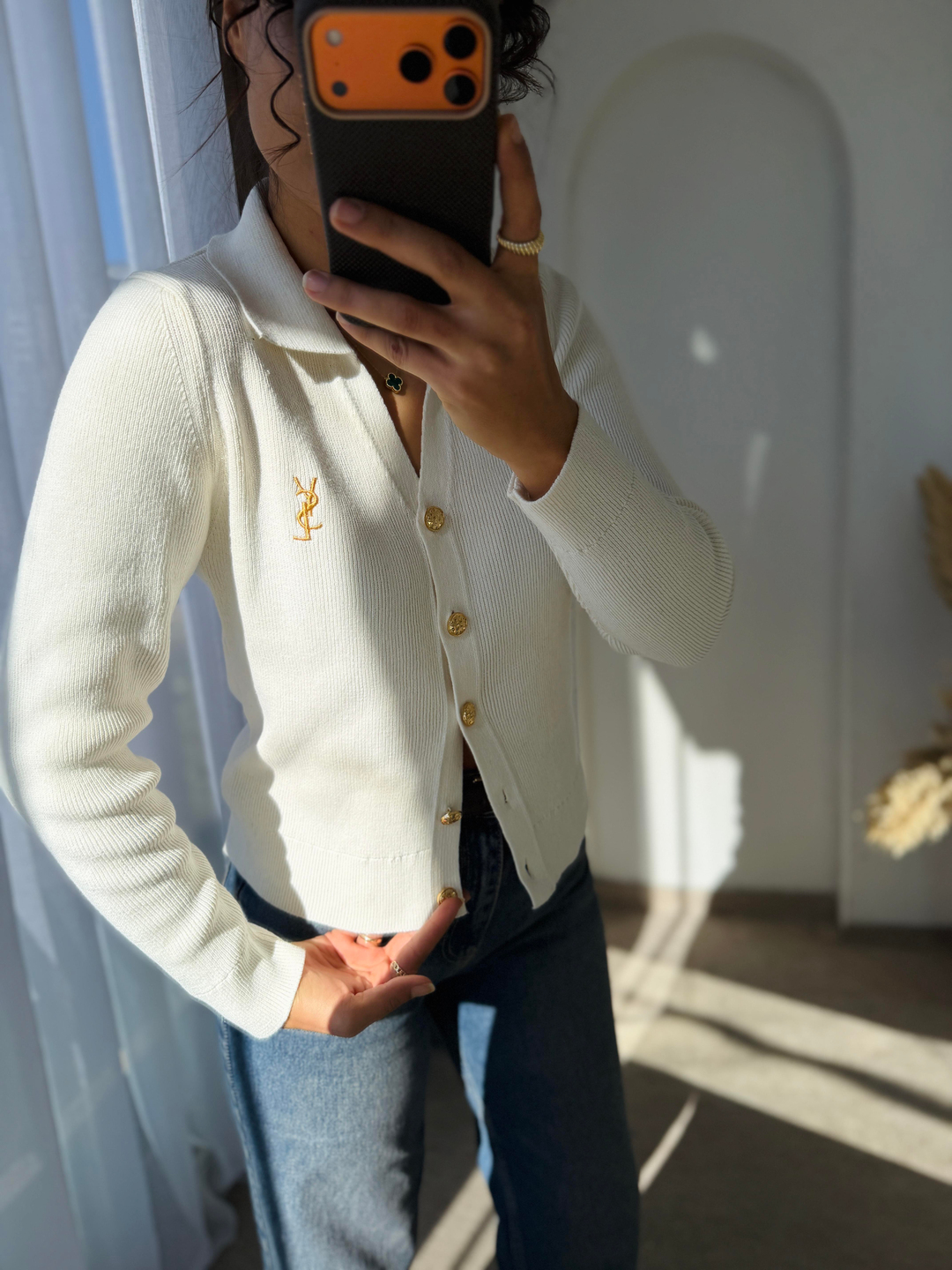 Ysl Gold Düğmeli Dokuma Triko Hırka Krem
