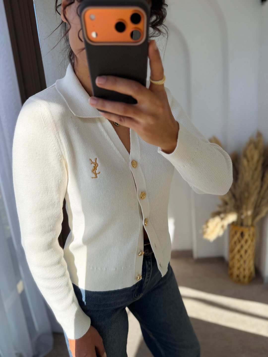Ysl Gold Düğmeli Dokuma Triko Hırka Krem