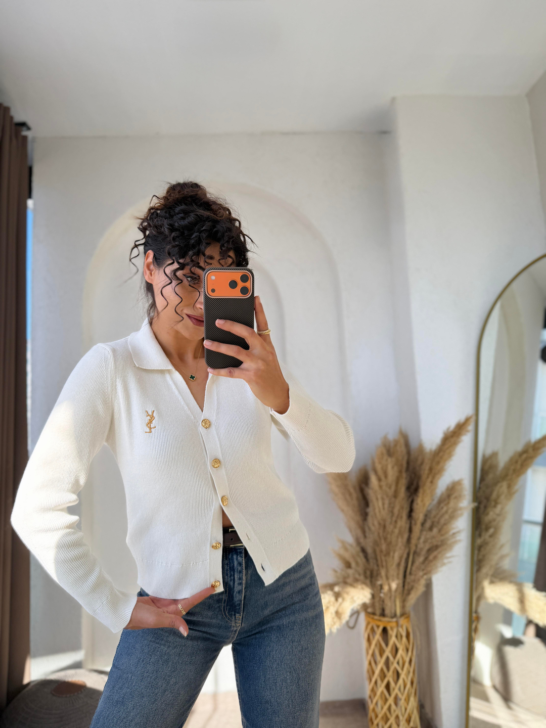 Ysl Gold Düğmeli Dokuma Triko Hırka Krem