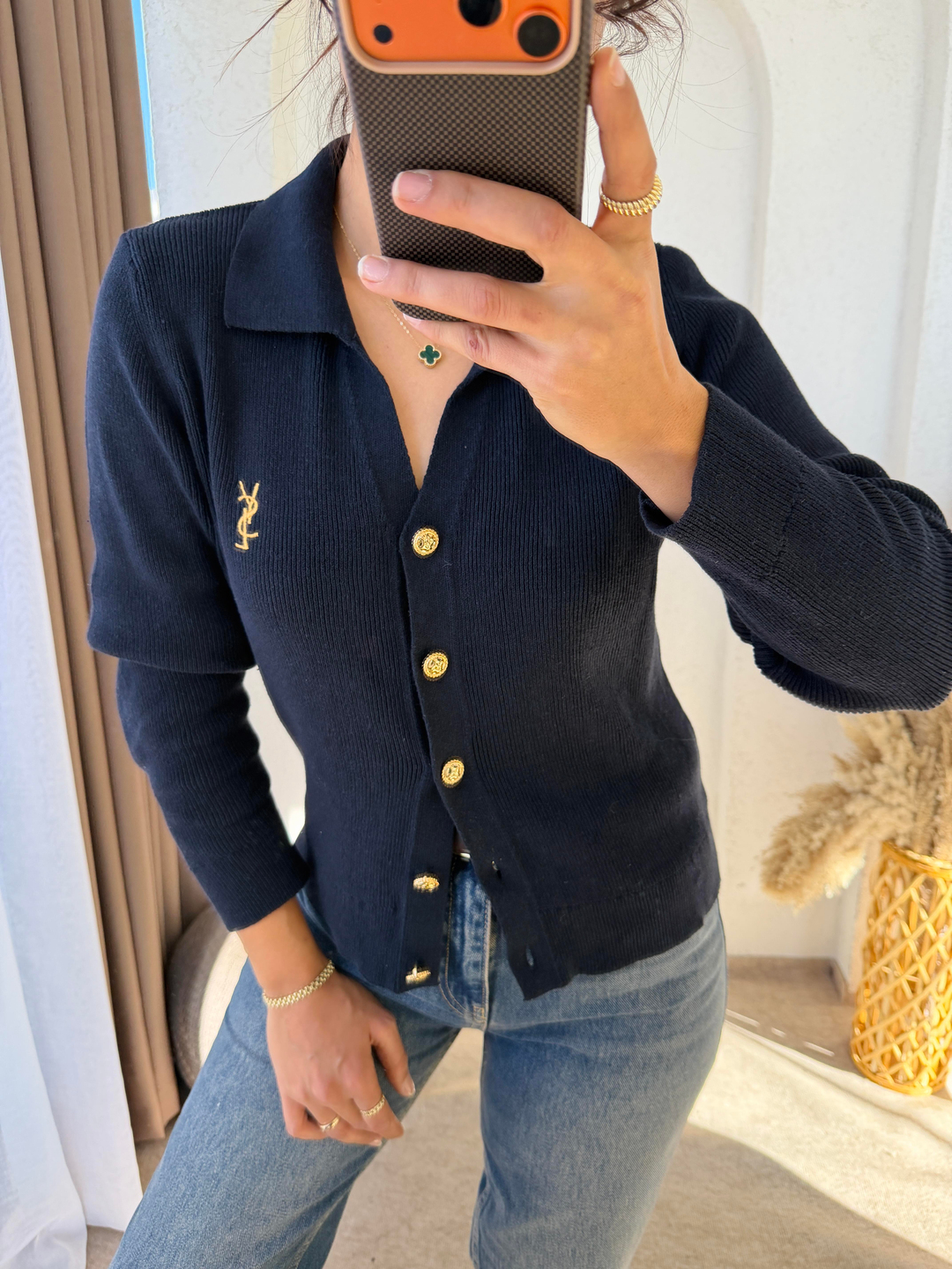 Ysl Gold Düğmeli Dokuma Triko Hırka Lacivert