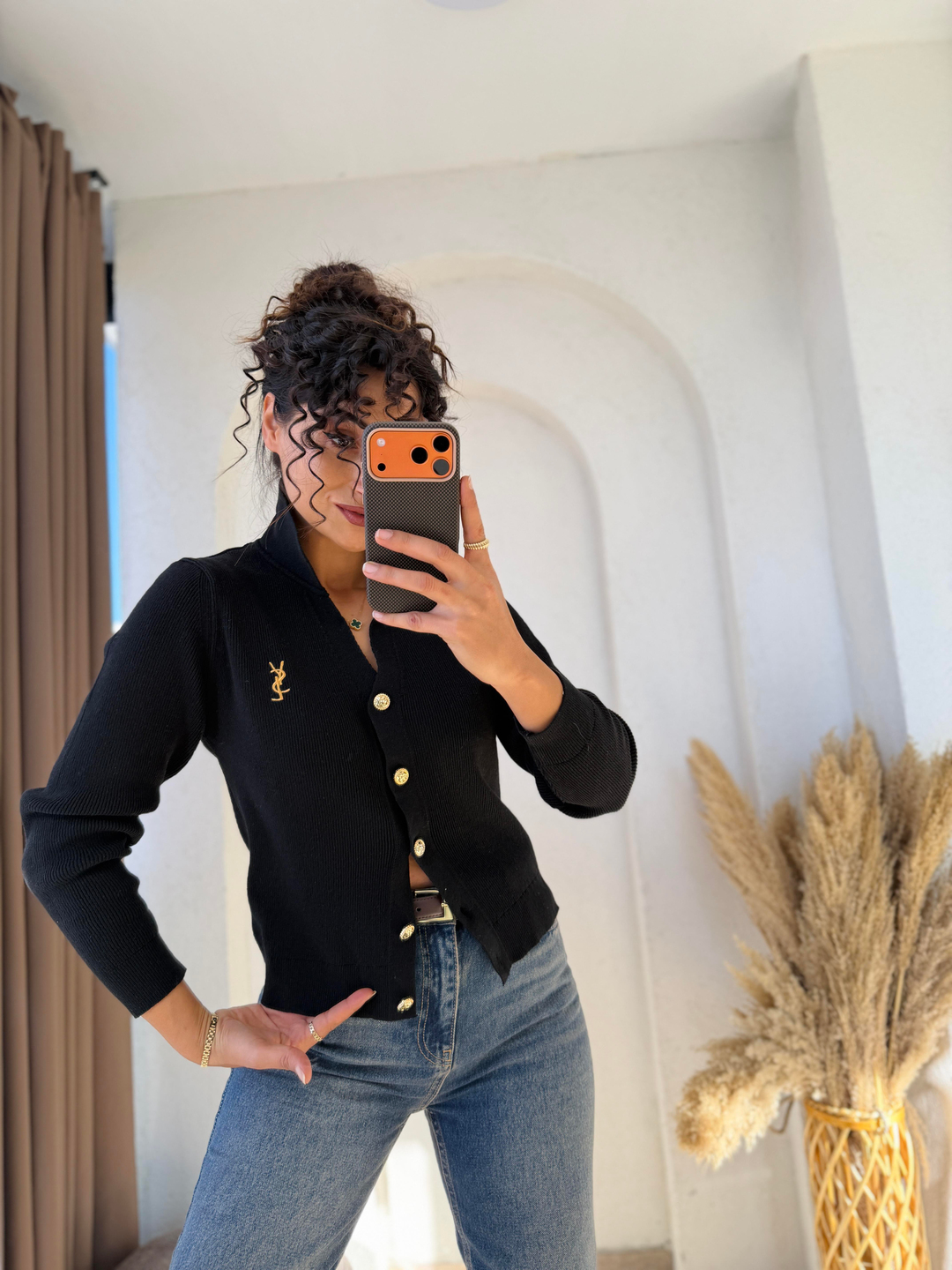 Ysl Gold Düğmeli Dokuma Triko Hırka Siyah