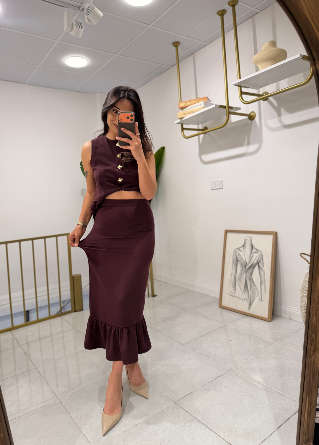 Gold Düğmeli Etek Takım Bordo · 4