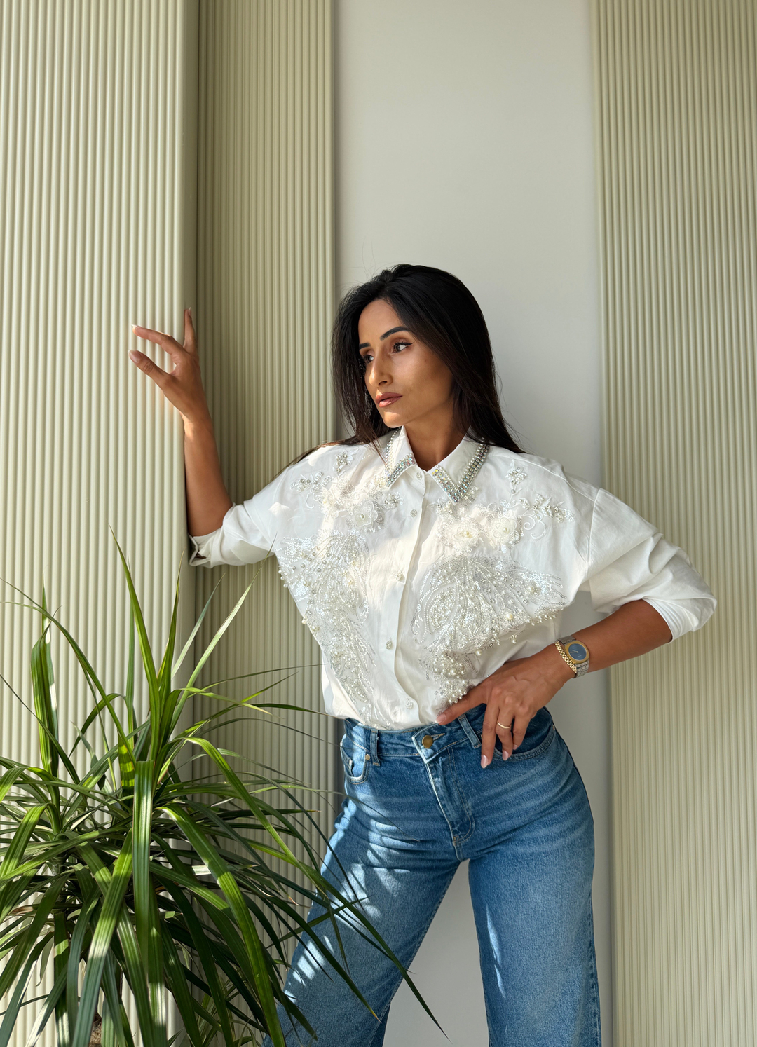 İnci ve Taş İşlemeli Oversize Gömlek