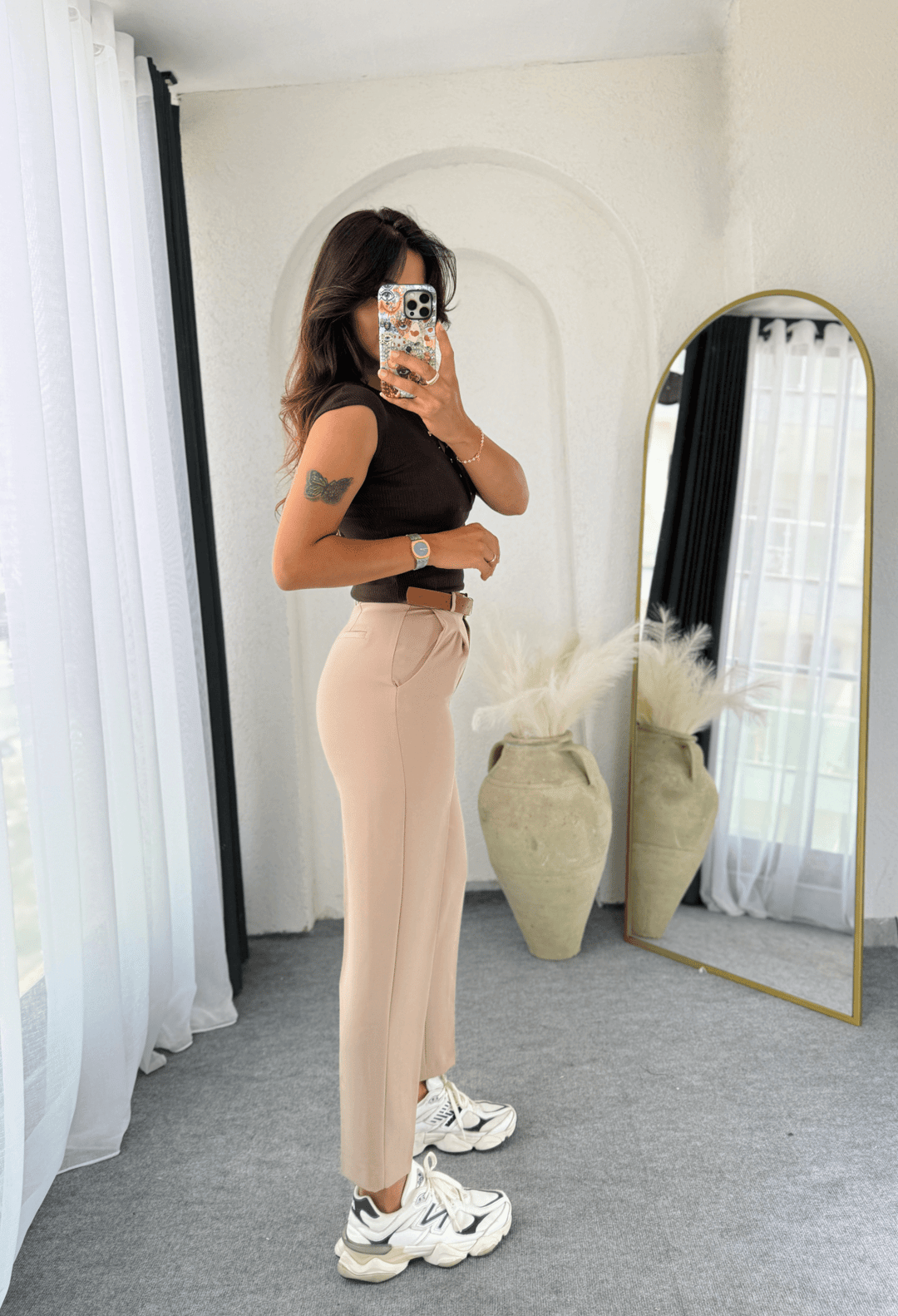 Kemerli Kumaş Pantolon Bej · 2